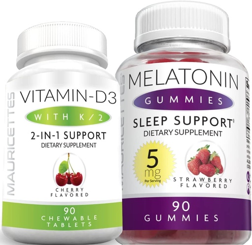 [BRSRMY34CN5REDIZ] Mauricettes Chewable Vitamin D3 with K2 & Melatonin Gummies Bundle Immune and Sleep Support Bundle for Kids and Adults