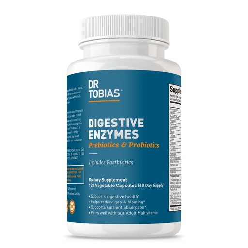 [BRSW2HALOENRQYD7] Dr. Tobias Digestive Enzymes with Probiotics, Prebiotics and Postbiotics Bromelain, Amylase, Lipase, for Better Digestion & Immune Function, 120 Capsules 60 Servings (2 Daily)