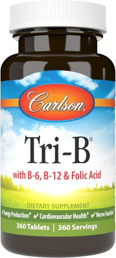 [BRSWIYILCUABMCI3] Carlson - Tri-B, Vitamin B Complex, 25 mg Vitamin B-6, 400 mcg Vitamin B-12, Folic Acid Energy Pills, Promote Cardiovascular Health, B Complex Vitamins, B12 Supplement, B Vitamin Complex, 360 Tablets