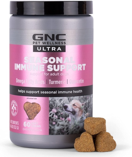 [BRSW2HD5O4JQI3TO] GNC Pets Ultra Seasonal Immune Support Soft Dog Chews in Chicken Flavor, Immune Booster for Dogs inkluderar Omega Fatty Acids, Turmeric och Quercetin, 60 Count