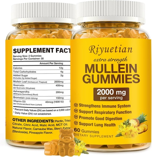 [BRSRAYD4O4FQY2TB] Mullein Gummies, 2000mg Organic Mullein Leaf Extract for Clear Lungs, Boost Respiratory & Digestive, Immune Booster for Adults & Kids, Allergy Friendly, Non-GMO, 60 Gummies