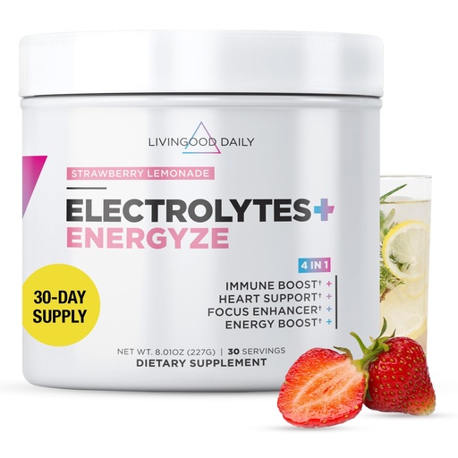 [BRSRMZL3OEFWEDT3] Livingood Daily Electrolytes Powder Strawberry Lemonade, 30 Servings - 4in1 Hydration Powder with Vitamin C, Taurine, D Ribose & FOS, Sugar Free Electrolyte Drink Mix, Keto, Gluten Free - Made in USA