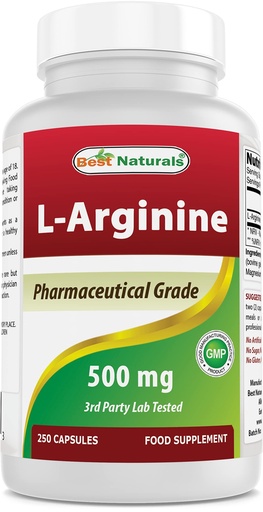 [BRSWIHYHCEDQYC3Y] Best Naturals L-Arginine 500mg 250 Capsules - Pharmaceutical Grade L Arginine supplement promotes nitric oxide synthesis