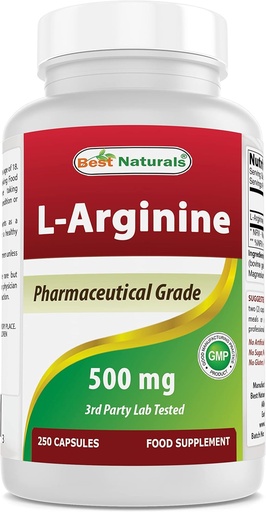 [BRSWIHYHCEDQYC3Y] En İyi Doğallar L-Arginine 500 mg 250 Capsules - Farm Grade L Arginine takviyesi nitrik oksit sentezlerini teşvik eder