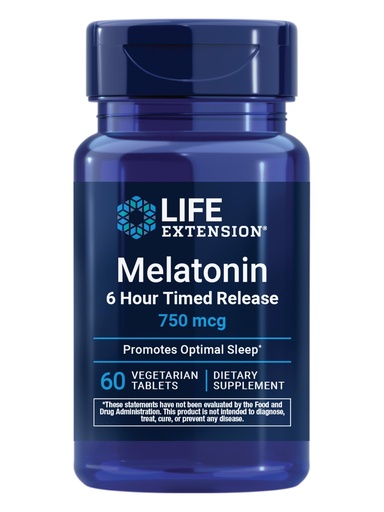 [BRSWIEA4DMBAI3Y5] Life Extension Melatonin 6 Hour Timed Release, 750 mcg, Extended-Release Formula for Gentle Sleep Support, Healthy circadian Rhythms, Cellular Defense, Gluten-Free, Non-GMO, Vegetarian, 60 Tablets