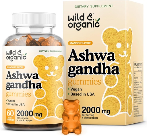 [BRSWYC36AUBGO23V] Wild & Organic Ashwagandha Gummies 2000mg - Mood Support Supplement w/Ashwagandha Root Extra Strength - Natural Calm Supplements Gummies - 60 Vegan, Non-GMO Chews