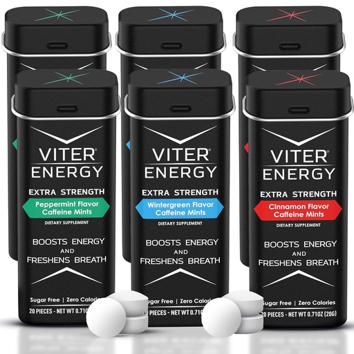 [BRSWYHQQPMGRE2Q4] Viter Energy Extra Strength Caffeinated Mints 80mg Caffeine, B Vitamins, Sugar Free. (Variety, 20pcs, 6 Pack)
