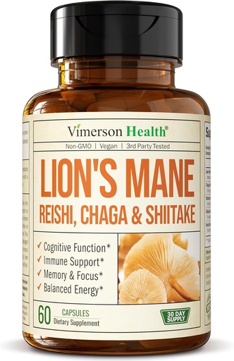[BRSROBLYCR5A2AYZ] Lions Mane Supplement Capsules - Mushroom Powder Blend with Lions Mane Powder, Turkey Tail, Shiitake Mushrooms & More. Focus & Energy Supplements for Mood & Immune Support. Non-GMO. 60 Vegan Capsules