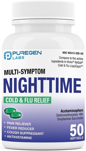 [BRSROAT7AUBGCCL2] Puregen Labs Nighttime Cold and Flu Relief Medicine | 50 Softgel Liquid Capsules | 도움 Relieve Sore Throat, Cough, Fever, Headaches, Runny Nose, Congestion 및 Aches | 가치 팩