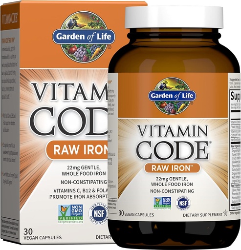 [BRSWIYDROMCGK2TC] Garden of Life Vitamin Code Raw Iron Supplement - 30 Vegan Capsules, 22mg Once Daily Iron, Vitamins C, B12, Folate, Fruit, Veggies & Probiotics, Iron Supplements for Women, Energy &amp; Anemia Support