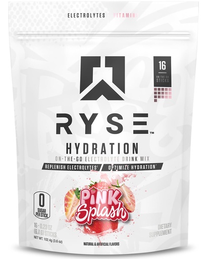 [BRSROBTYAANBMDTA] RYSE Hydration Electrolyte Powder Drink Mix Packets - Pink Splash - Sugar-Free Full Spectrum Electrolytes with Essential Vitamins, Taurine and Choline for Rehydration - 16 Serving Sticks