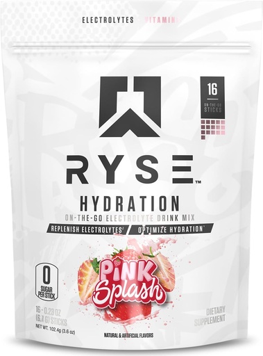[BRSROBTYAANBMDTA] RYSE Hydration Elektrolyt Pulver Getränke Mix Packets - Pink Splash - Sugar-Free Full Spectrum Elektrolyte mit essentiellen Vitaminen, Taurine und Choline für Rehydration - 16 Serviersticks