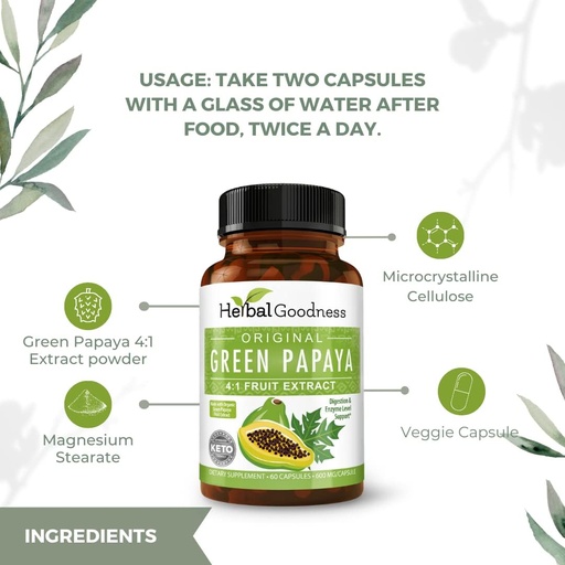 [BRSWGBT7DIHBGDLG] Green Papaya Capsules 4X Strength, Organic Papaya Leaf & Fruit Extract for Platelets, Digestive Health, Enzymes, Probiotics, Antioxidants – 600mg, 60 Capsules, Case of 12 – Herbal Goodness