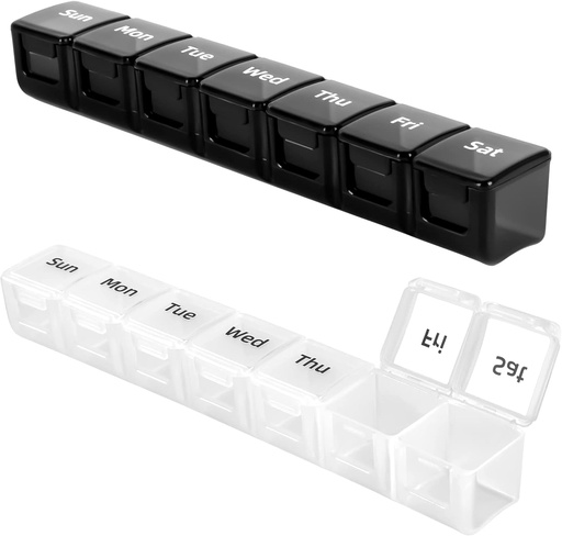 [BRSRMZATAR7QKEQ6] 2ixir organitzador de la Paill setmanal, Large i Ferm Daily Pill, Portable Pell Box per a viatjar, weekly Pill Dispenser( Blacklack + White)
