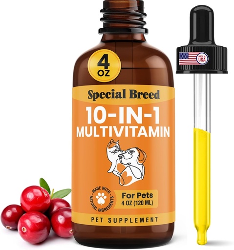 [BRSROBT2DMHRMFD7] 10-in-1 Liquid Multivitamin for Dogs and Cats, 4 Ounce Multi Vitamin Supplement, Vitamin for Dogs, Vitamins for Cats, with Glucosamine & Cranberry, 4 oz