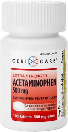 [BRSWIYYGOMMBU3TC] GeriCare Extra Strength Acetaminophen Pain Relief Fever Reducer Tablets, Strength 500mg Tablet | Joint, Muscle, Arthritis, Back Pain Relief 100 Count (Pack of 1)