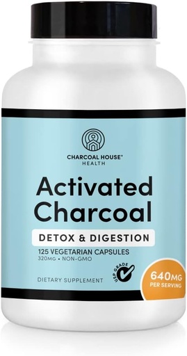 [BRSWIH32BICBEHTI] Charcoal House Aktivert Charcoal Capsules for voksne | Naturlig, vegansk, ikke-GMO & Glutenfri | USP Charcoal piller for mage rengjøring, sunn dialyse, gass og mykhet | USP medisinsk grad | 125 ct.