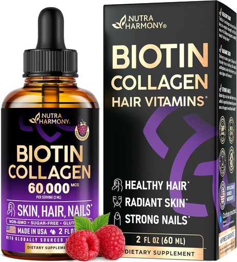 [BRSRMAL2CEBQIFL6] Liquid Biotin & Collagen - Vitamins for Hair Growth Support for Women & Men - Extra Strength 60000 mcg Drops - B7 Supplement - Strong Nails & Healthy Skin - 98% Faster Absorption Than Pills