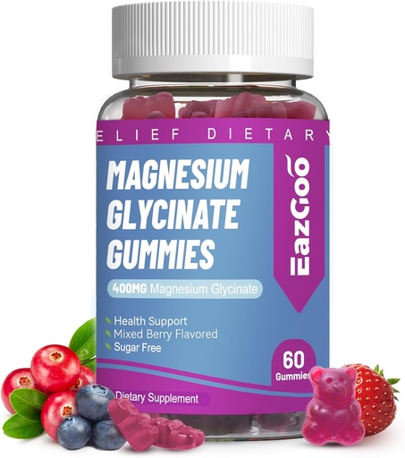 [BRSROZAYOAFBSHYZ] Glycinato de magnesio Gummies 400mg con L-treonina 200mg - Suplemento de potasio de magnesio sen azucre con vitamina D, B6, CoQ10 para o músculo - 60 Mixed Berry Flavored Gummies