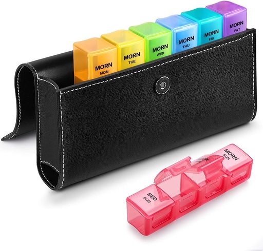 [BRSWGAI7A57RGAAV] Sukuos Weekly Pill Organizer 4 Times a Day with PU Leather Case, Large 7 Day Pill Box (Morning Noon Eve Bed), Daily Pill Case for Vitamin/Fish Oil/Supplements