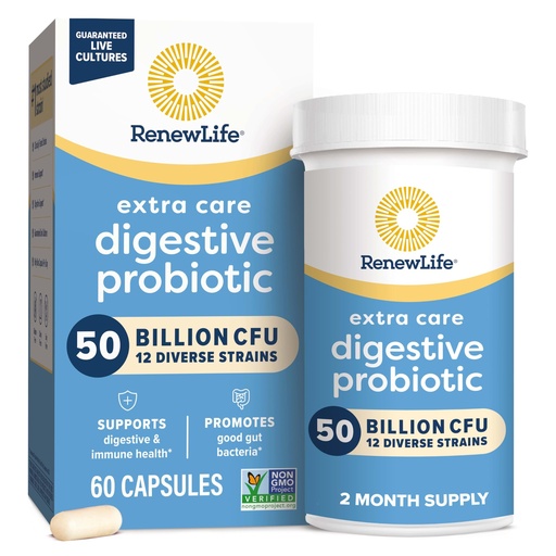 [BRSWIYYFBIPGK2D4] Renew Life Extra Care Digestive Probiotic Capsules, 50 Billion CFU Guaranteed, Daily Supplement Supports Immune, Digestive, Respiratory Health(1), L. Rhamnosus GG, Dairy, Soy and Gluten-Free, 60 Count