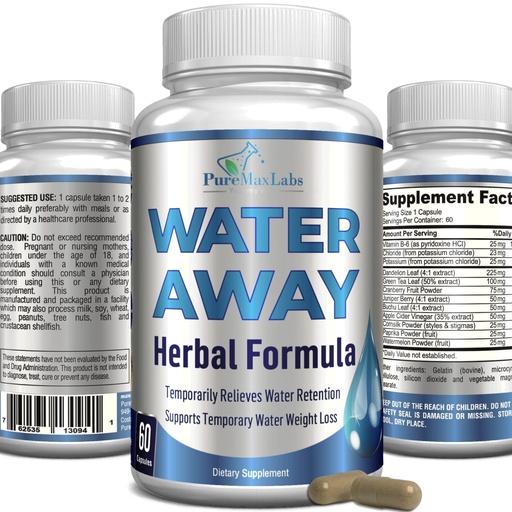 [BRSW2ZIOOR4GGHY3] Water Away Gentle Herbal Diuretic - Natural Diuretic Water Pills - Relieve Bloating, Reduce Excess Water Weight with Dandelion Leaf, Green Tea, Detox Cleanse & Urinary Health. Non-GMO, 60 Capsules