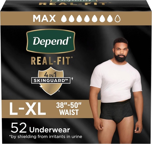 [BRSWKHD7BF5GEHA3] Depend Real Fit Adult Diapers, Incontinence Underwear for Men, Disposable, Maximum Absorbency, Large/Extra Large, Black, 52 Count (2 packs of 26), Packaging May Vary