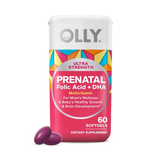 [BRSWYHQYDICAEYDJ] OLLY Ultra Strength Prenatal Multivitamin Softgels, Supports Mom's Wellness & Baby's Healthy Growth and Brain Development,* Folic Acid, DHA, Iron, Vitamins B, C, D & E, 30 Day Supply - 60 Count