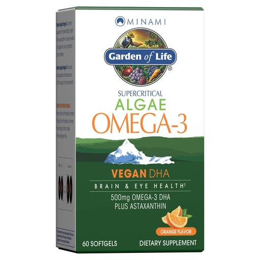[BRSWIYILOUIGIGTI] Garden of Life Minami Algae Omega 3 Vegan DHA for Brain and Eye Health - Orange Flavor, 500mg Plant Based DHA Omega-3 Vegan Algae Oil plus Astaxanthin, No aftertaste, 60 easy-to-swallow Mini Softgels