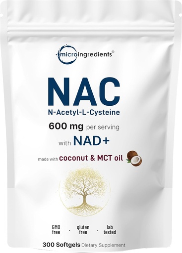 [BRSRAGL7OYBWYADV] NAC 600mg with NAD+, 300 Softgels | N-Acetyl L-Cysteine + Nicotinamide + MCT Oil | Cellular Energy & Antioxidant Support | Clean Label, Non-GMO