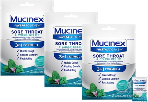 [BRSROAYNA4IAEFA2] Mucinex InstaSoothe Sore Throat + Cough Relief Alpine Herbs & Mint flavor, 빠른 행동, 냉각 컴포트, 강력한 Sore Throat 구두 통증 Reliever, 40 Medicated Drops (40 Count (Pack of 3))