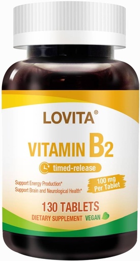 [BRSRAAQROANBS2DK] Lovita vitamin B2 (Riboflavin) 100mg, tidsavsatt frigivelse, 8 timers abonnent, støttemetabolisme og nerve helse, 130 vegansk tablett