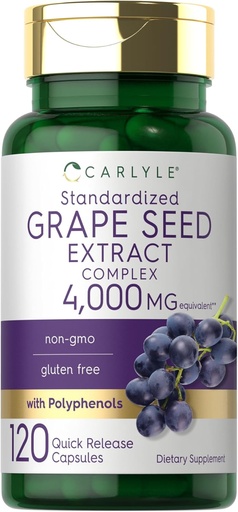 [BRSRMHAFDEFQE33F] Carlyle Grape Seed Extract 4,000mg CLAS124; 120 Rychlé uvolnění Kapsle 124; Standardizovaný Extract Complex s polyfenoly CLAS124; Non- GMO, gluten zdarma dodatek