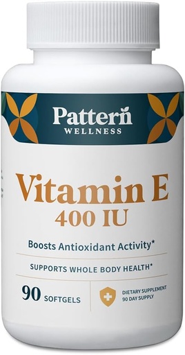[BRSROBL3OUNQ2YDF] Pattern Wellness E-vitamiini 400 IU lisäravinteet - Tehostaa antioksidanttien toimintaa - tukee koko kehon terveyttä - Taistelee soluvaurioita vastaan - 3. puolue Lab testattu - 90 pehmeät geelit