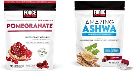 [BRSRAY33AEPGCDLP] Force Factor Pomegranate Chews for Healthy Aging & Ashwa Chews for Stress Relief, Memory, Focus, and Immune Support