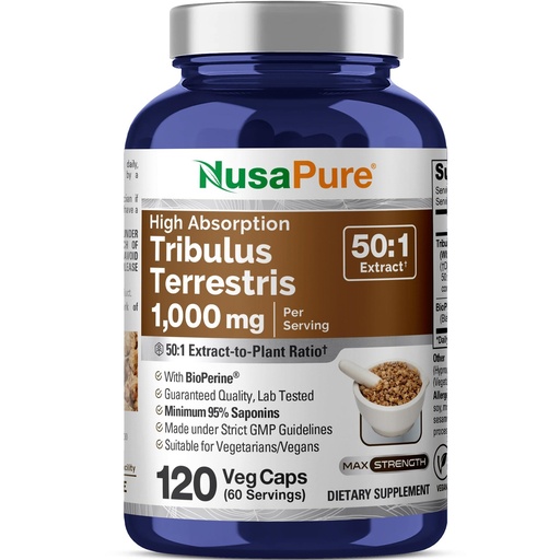 [BRSROCYECEMQG33K] NusaPure Tribulus Terrestris, 1000 mg, 120 Veg Capsules (Non-GMO, Vegan)
