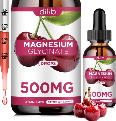 [BRSRAEIDCAJQKA3J] Magnesium Glycinate Supplement, Magnesium Glycinate Liquid Drops 500mg with Calcium, Zinc, Vitamin B6, D3, L-Theanine, Omega 3 for Sleep, Mood, Stress Relief, Bone, Muscle, Cherry Flavor