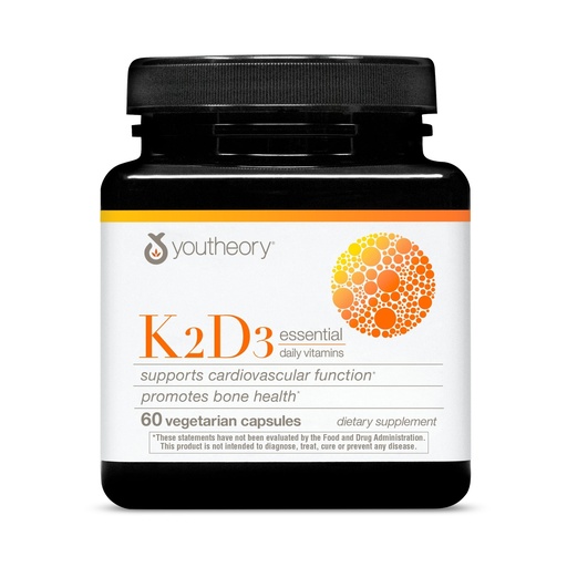 [BRSW2CAZDIBROHQU] Youtheory K2D3 - Bone & Heart Health Support - Combines Vitamin D3 & Vitamin K2 - Dairy, Soy & Gluten Free - 60 Vegetarian Capsules