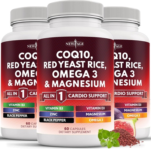 [BRSRAEIBPMAWECL7] COQ10 200mg Red Yeast Rice Omega 3-6-9 Magnesium Kompleks Zinc Vitamin K2 D3 - Dukung Vitamin untuk Perempuan dan Pria dengan Vitamin B3, Koenzim Q10-180 Count
