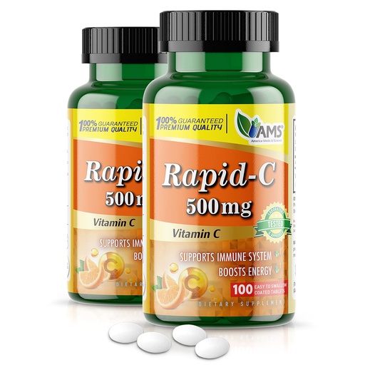 [BRSWYAYNCIIWM2T4] America Medic & Science Rapid-C 500mg Vitamin C Supplement (2 Pack of 100 Tablets) Energy Booster, Daily Immune System Support, Antioxidant | Vegan, Non-GMO Coated Ascorbic Acid for Adult Men & Women