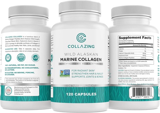 [BRSWGFIQBZ4AECY7] Peptides de Collagen Marina de Alaska con ácido hialurónico & Vitamina C - Soporta la piel, el pelo, las uñas, los huesos de las articulaciones - Tipo 1 & 3 Collagen para Hombres Mujer - 120 cápsulas de polvo