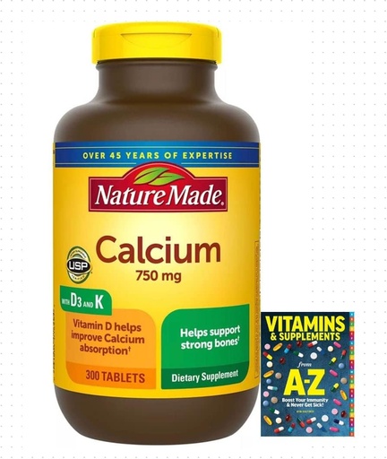 [BRSROYAZOAMAGYLU] Adventure Home Calcium 750 mg med vitamin D3 och K, Kosttillskott för benstöd, 300 tabletter + Bättre guide vitaminer kompletterar bok gratis