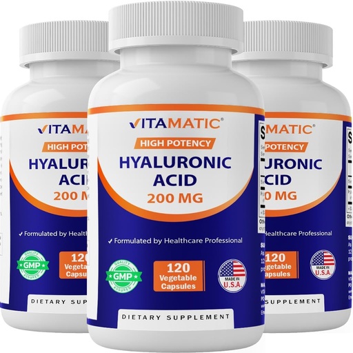 [BRSW2YYHBZ5AY3DZ] Vitamatic 3 Pack Hyaluronic Acid Supplements 200mg - Supports Healthy Connective Tissue and Joints - Promote Youthful Healthy Skin - Total 360 Capsules