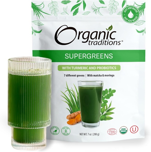 [BRSROGQBA4OQEFY6] Organic Traditions Super Greens Powder Superfood with Turmeric, Organic Greens Superfood Powder, 200g / 7oz Bag