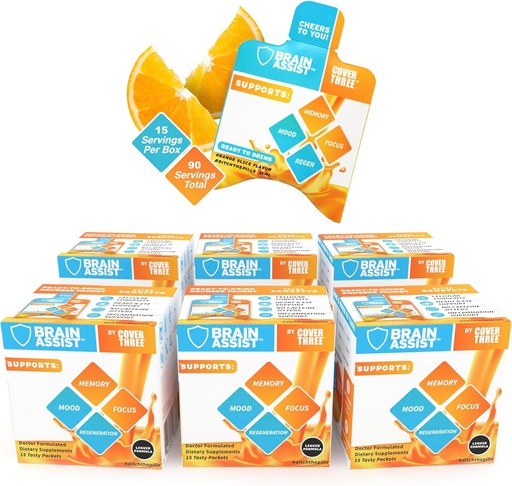 [BRSWYAY7OADWY2AY] Cover Three Brain Assist Brain Supplement, Nutritional Focus Supplement with Curcumin, Uridine, Orange Slice Liquid Brain Support Formula, High Performance Memory Supplements (6 Boxes)