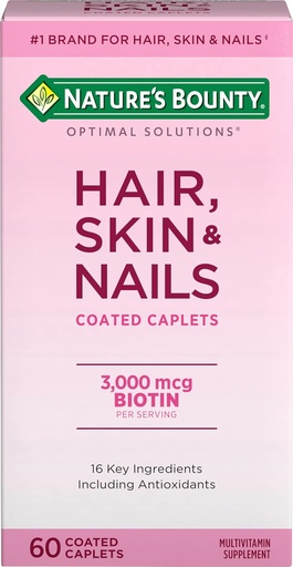[BRSWIZD3OMOWOE3K] Nature's Bounty Optimal Solutions Hair, Skin & Nails Formula, with 3,000 mcg Biotin, 60 Coated Caplets, 20 Total Servings