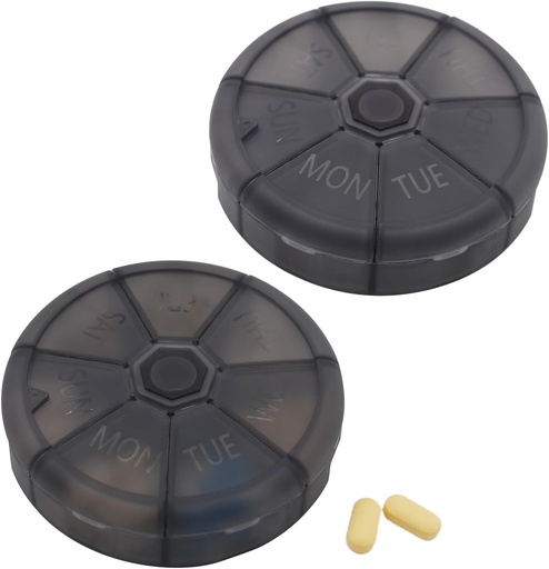 [BRSRAGQPAQNGACTF] Portable Cotygodniowy Pill Organizator 7 Dzień Pili Kontener, Okrągłe Pill Case Travel Friendly, Codzienne Tydzień Pill Reminder Case, BPA- Witamina wolna, Suplement, Olej rybny, Planer leków (czarny)