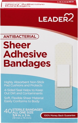 [BRSWYYDQA4PWG3DH] LEADER Sterile Sheer Adhesive Bandages, Latex Free, Blends with Skin, Helps Prevent Infection, Comfortable Protection for First Aid and Wound Care (3/4" x 3", 40 Count)