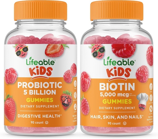 [BRSRO2QLCEORS2D3] Lifeable Probiotics 5 Billion Kids + Biotin Kids, Gummies Bundle - Great Tasting, Vitamin Supplement, Gluten Free, GMO Free, Chewable Gummy
