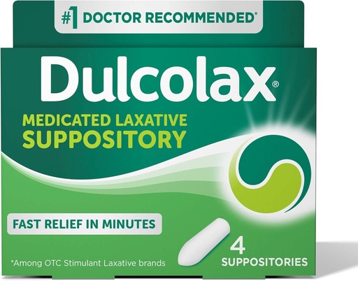 [BRSWGZQHAEOWMC3B] Dulcolax Stimulant Laxative Medicated Suppositories, Predictable & Effective Constipation Relief, Bisacodyl 10 mg, 4 Count